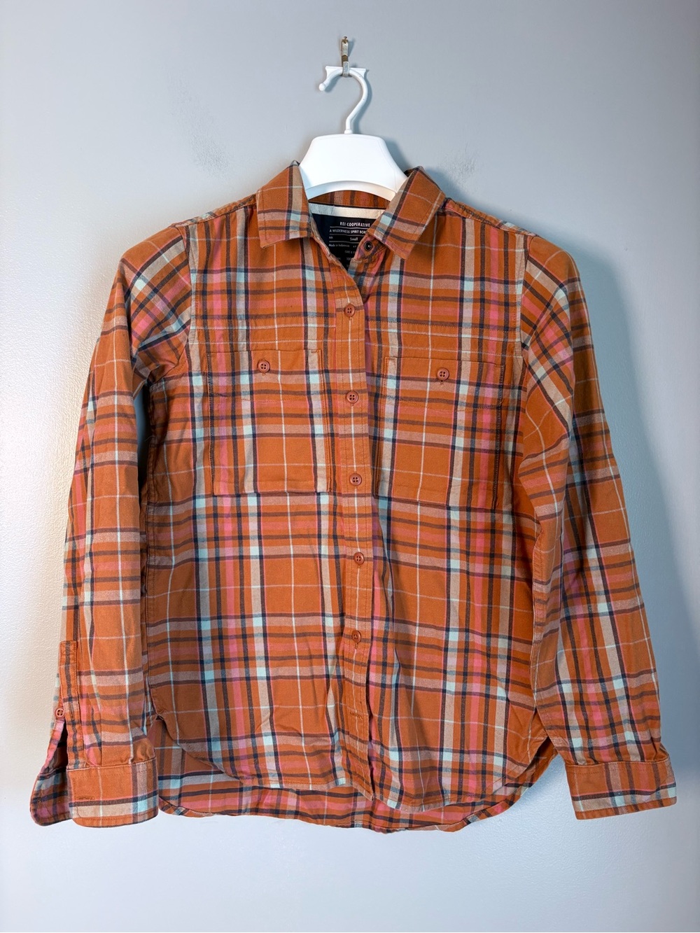 REI Co-op Women's Small Orange Plaid Flannel Button Down Shirt Long Sleeve Outdo